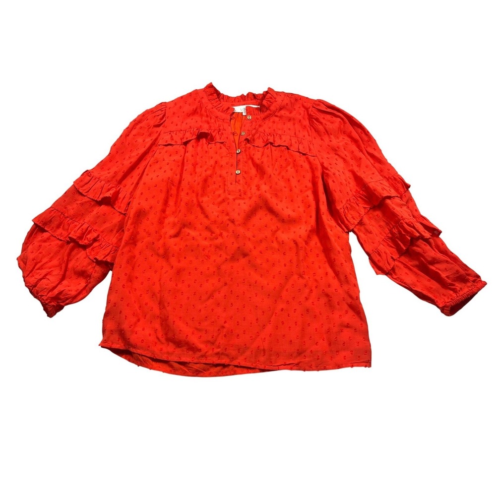LOFT XS Red Swiss Dot Ruffle Balloon Sleeve Button Blouse Romantic Boho